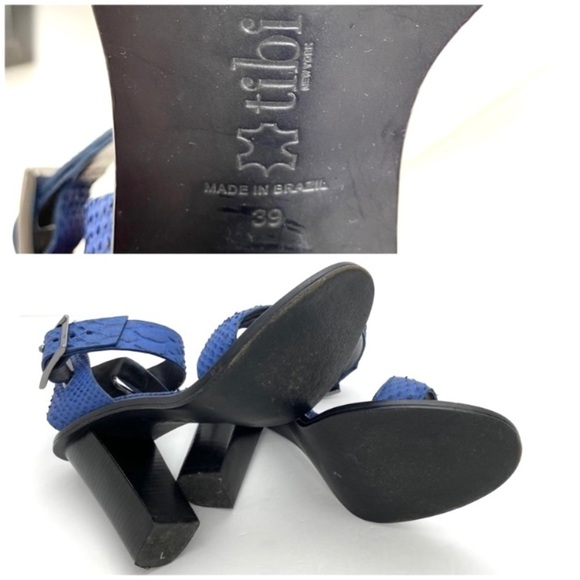 Tibi Snakeskin Embossed Leather Chunky Heel Ankle Strap Buckle Sandal Royal Blue - Picture 9 of 9